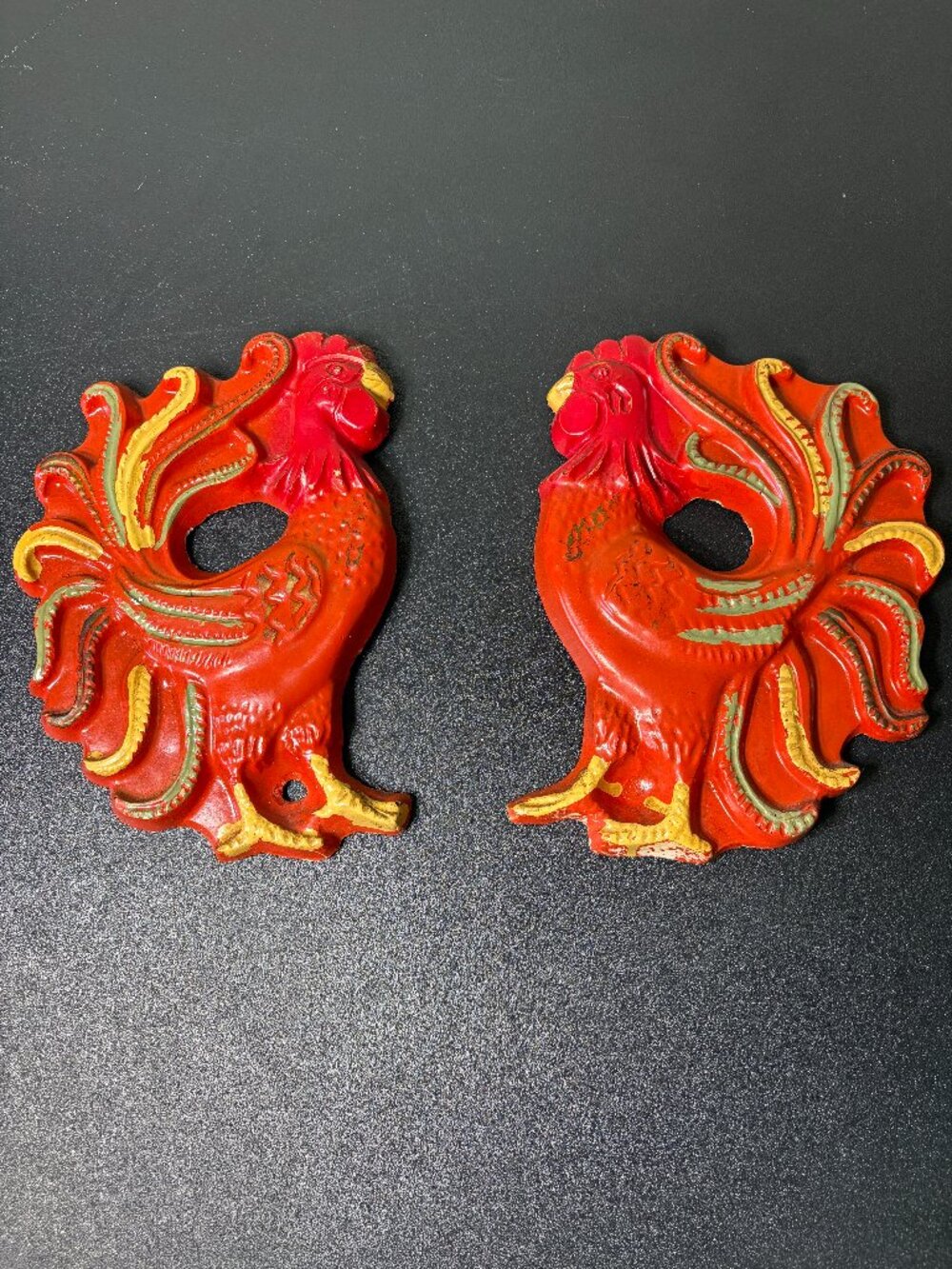 2 MCM Orange Rooster Wall Decor.  Plaster/Chalk